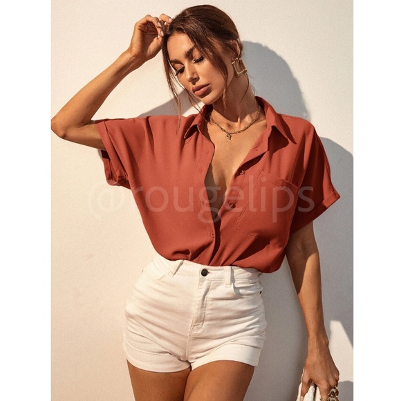 Burnt Orange Casual Button Up / Down Shirt Collar, V-Neck Button Front - Picture 6 of 15